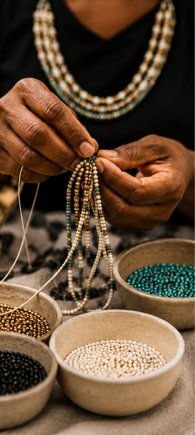 Kioni artisan creating handmade beadwork